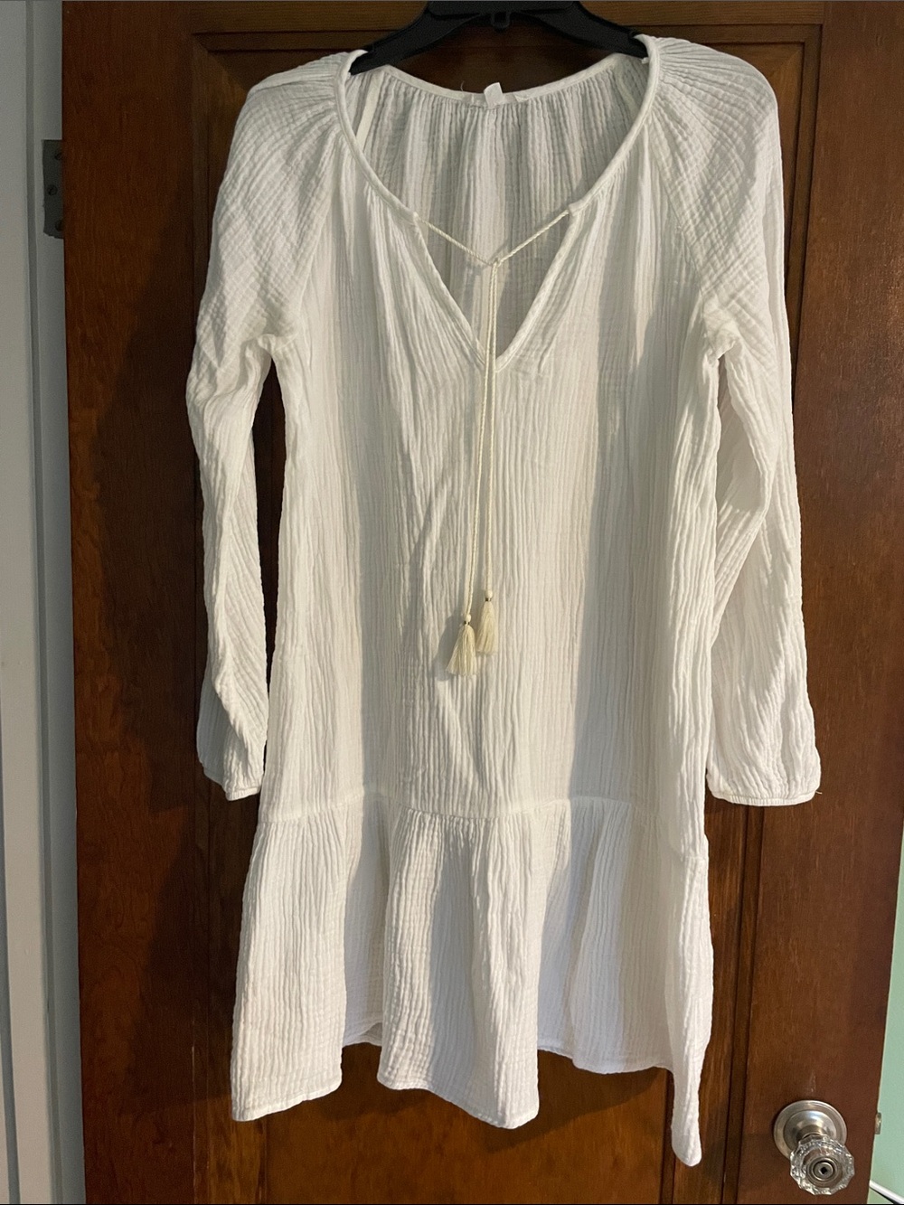 Socialite White Long-Sleeve Gauze Tunic swimsuit cover up Dress with Tassel Tie